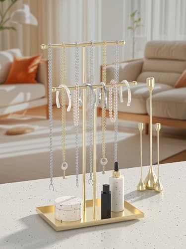 Coward 2 Tier Necklace Stand, Aesthetic Necklace Jewelry Holder, Home Decor Necklace Organizer Stand, Metal Necklace Bracelet Display Rack for Men Women (Gold) - Image 4