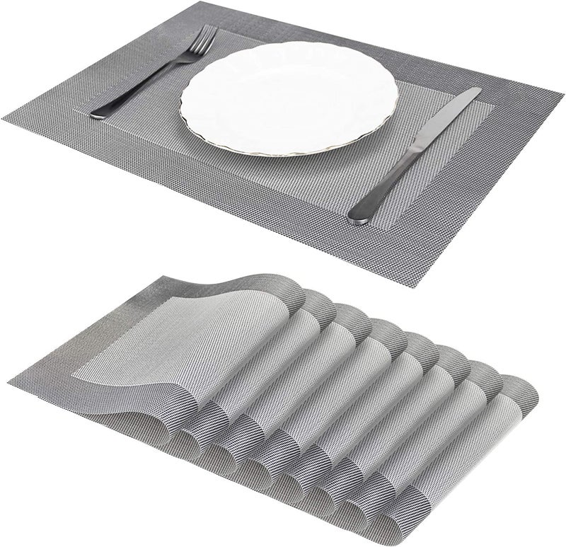 Baskety Placemat Set of 8 Easy to Clean Non-Slip Heat Resistant Dining Table Mat Washable Crossweave Woven Vinyl PVC with Single Border Decoration Rectangle Outdoor Indoor - Image 1