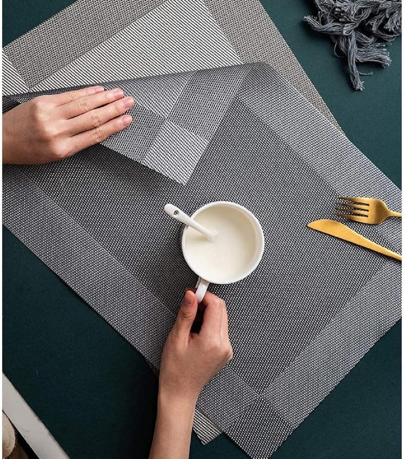 Baskety Placemat Set of 8 Easy to Clean Non-Slip Heat Resistant Dining Table Mat Washable Crossweave Woven Vinyl PVC with Single Border Decoration Rectangle Outdoor Indoor - Image 2
