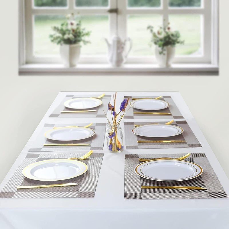Baskety Placemat Set of 8 Easy to Clean Non-Slip Heat Resistant Dining Table Mat Washable Crossweave Woven Vinyl PVC with Single Border Decoration Rectangle Outdoor Indoor - Image 3