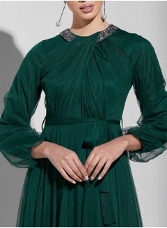 Namshi X Trendyol Embellished Neck Belted Tulle Dress  - Image 3