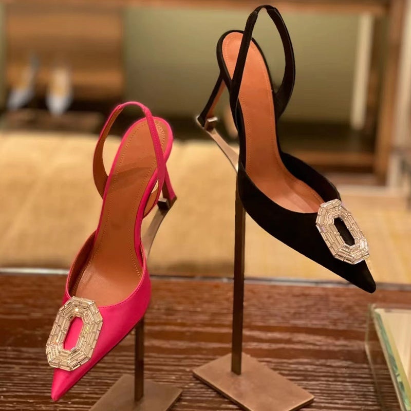 Oval rhinbit buckle covered toe sandals 2023 spring new European and American socialite pointed stiletto heel hollow banquet high heels - Image 2