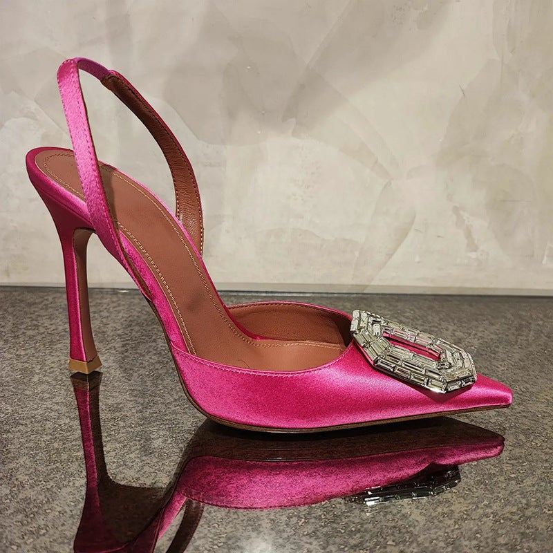 Oval rhinbit buckle covered toe sandals 2023 spring new European and American socialite pointed stiletto heel hollow banquet high heels - Image 1