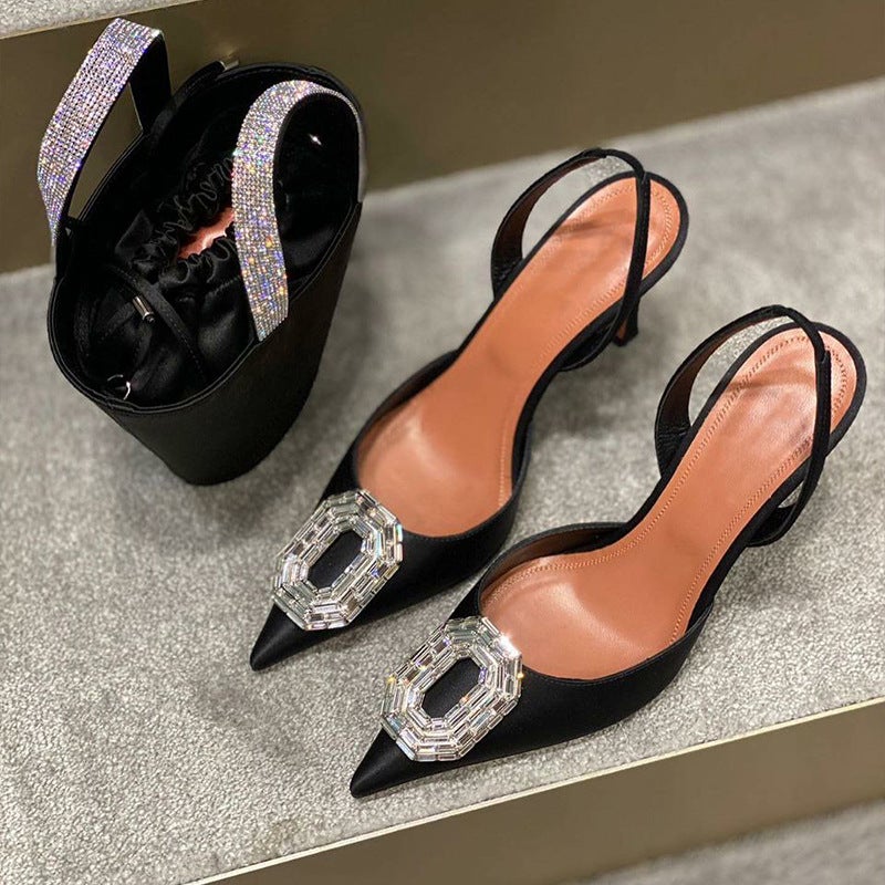 Oval rhinbit buckle covered toe sandals 2023 spring new European and American socialite pointed stiletto heel hollow banquet high heels - Image 4