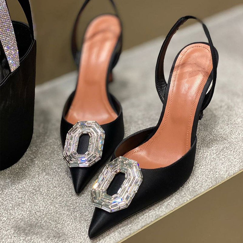 Oval rhinbit buckle covered toe sandals 2023 spring new European and American socialite pointed stiletto heel hollow banquet high heels - Image 5