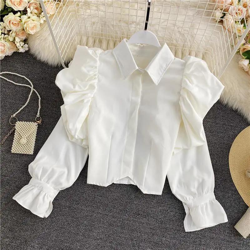 Spring and Autumn New Elegant Elegant Retro Court Style Puff Sleeve Top Womens Retro Lel Styish Short Shirt Trendy White - Image 1