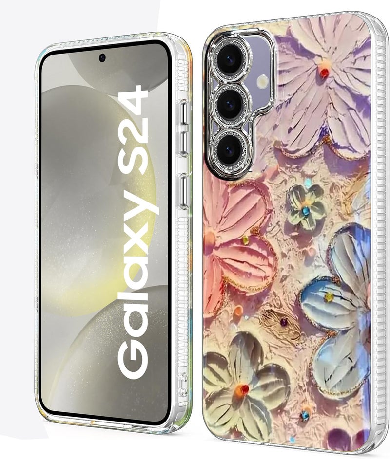 Elzzi Compatible with Samsung S24 5G Case Laser Flower Oil Painting Cute Colorful Blue Ray Bumper with Full Camera Protection Shockproof PC+TPU Glossy Shiny Cover for Girls Women, Pink - Image 1