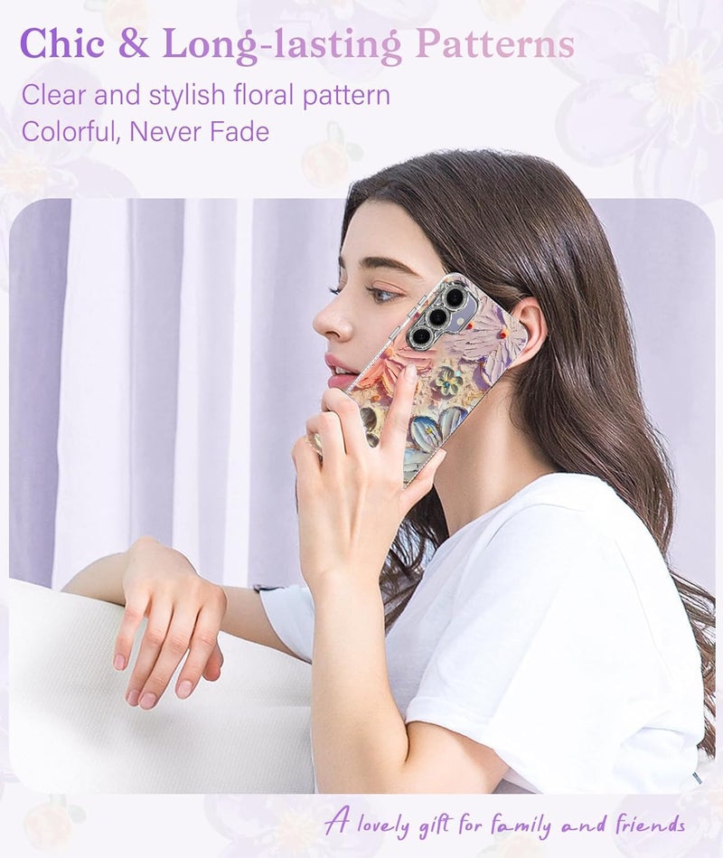 Elzzi Compatible with Samsung S24 5G Case Laser Flower Oil Painting Cute Colorful Blue Ray Bumper with Full Camera Protection Shockproof PC+TPU Glossy Shiny Cover for Girls Women, Pink - Image 4