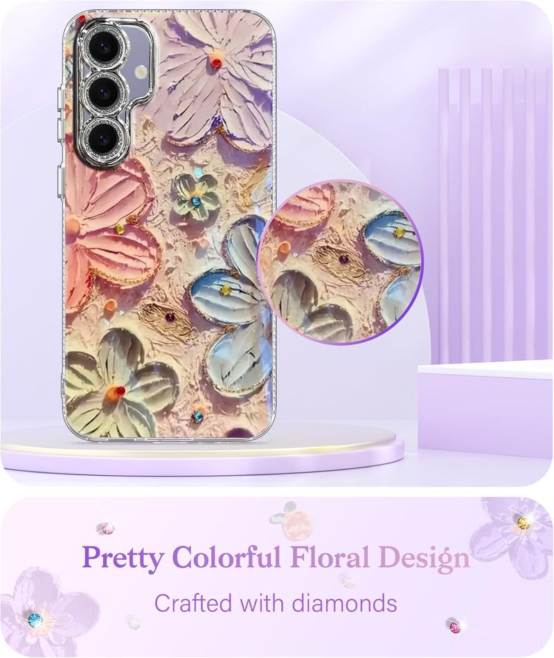 Elzzi Compatible with Samsung S24 5G Case Laser Flower Oil Painting Cute Colorful Blue Ray Bumper with Full Camera Protection Shockproof PC+TPU Glossy Shiny Cover for Girls Women, Pink - Image 5