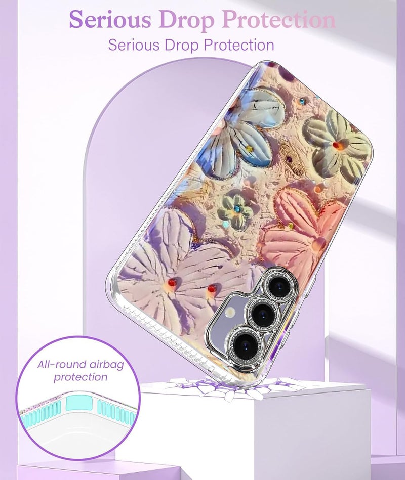 Elzzi Compatible with Samsung S24 5G Case Laser Flower Oil Painting Cute Colorful Blue Ray Bumper with Full Camera Protection Shockproof PC+TPU Glossy Shiny Cover for Girls Women, Pink - Image 3