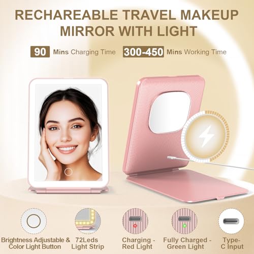 Mocado LED Foldable Travel Makeup Mirror - 5x7 inches 3 Colors Light Modes USB Rechargeable Touch Screen, Portable Tabletop Cosmetic for Travel, Cosmetic, Office (Rose Gold) - Image 4