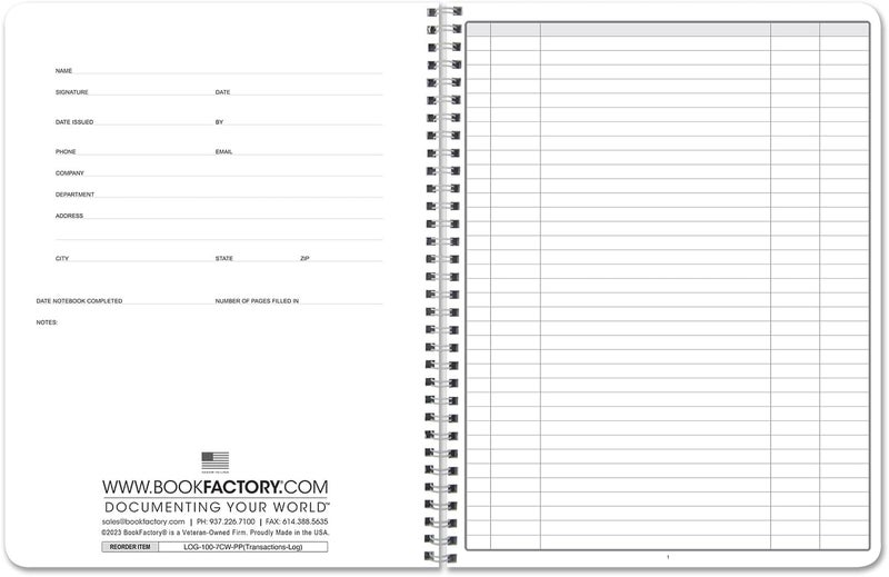 BookFactory Transaction Log BookTransactions NotebookLedgerRegister  WireO 100 Pages 85 x 11 LOG1007CWPPTransactionsLogBX - Image 2