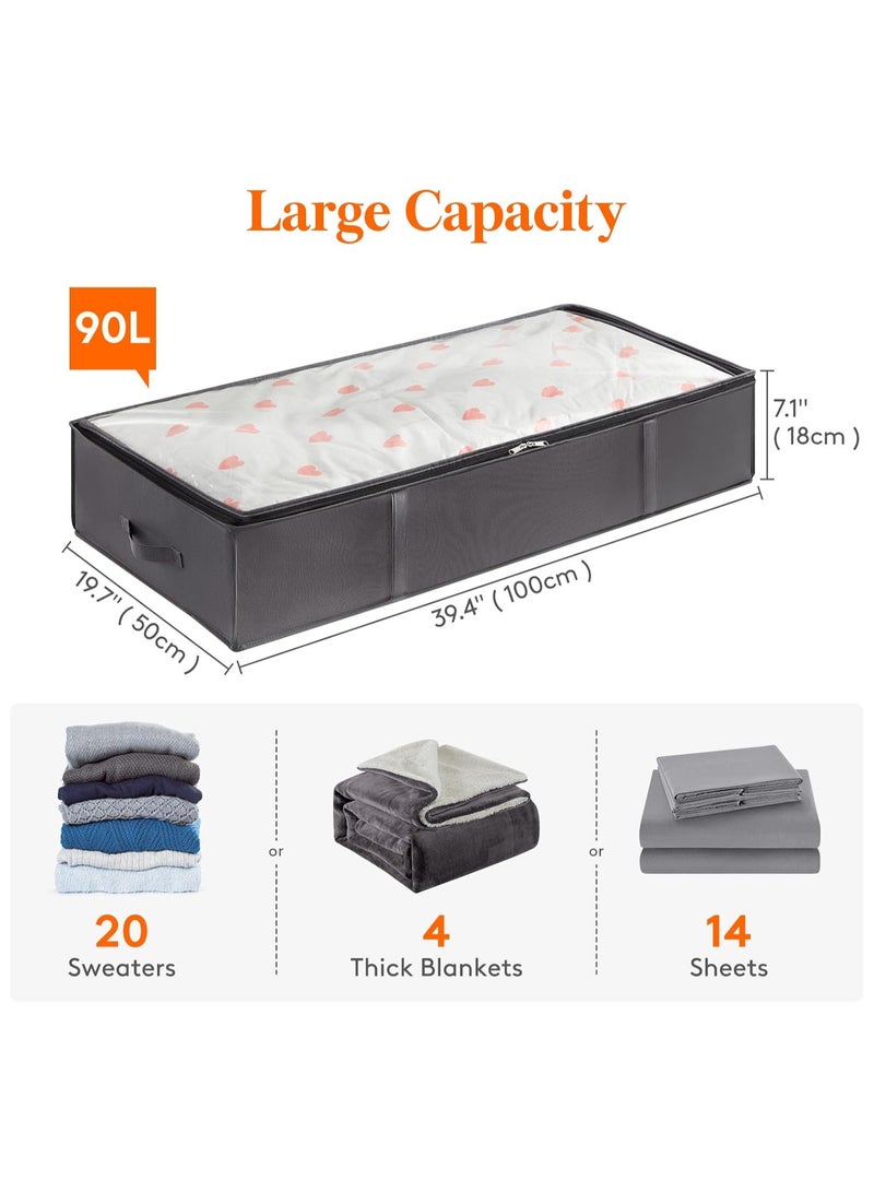 يلا جوي 90 لترًا، عبوة من 4 حاويات تخزين أسفل السرير، حقائب تخزين بطانيات كبيرة السعة بمقبض معزز، تنظيم وتخزين الألحفة والملاءات والملابس وغرفة النوم والسكن الجامعي، لون رمادي - Image 4