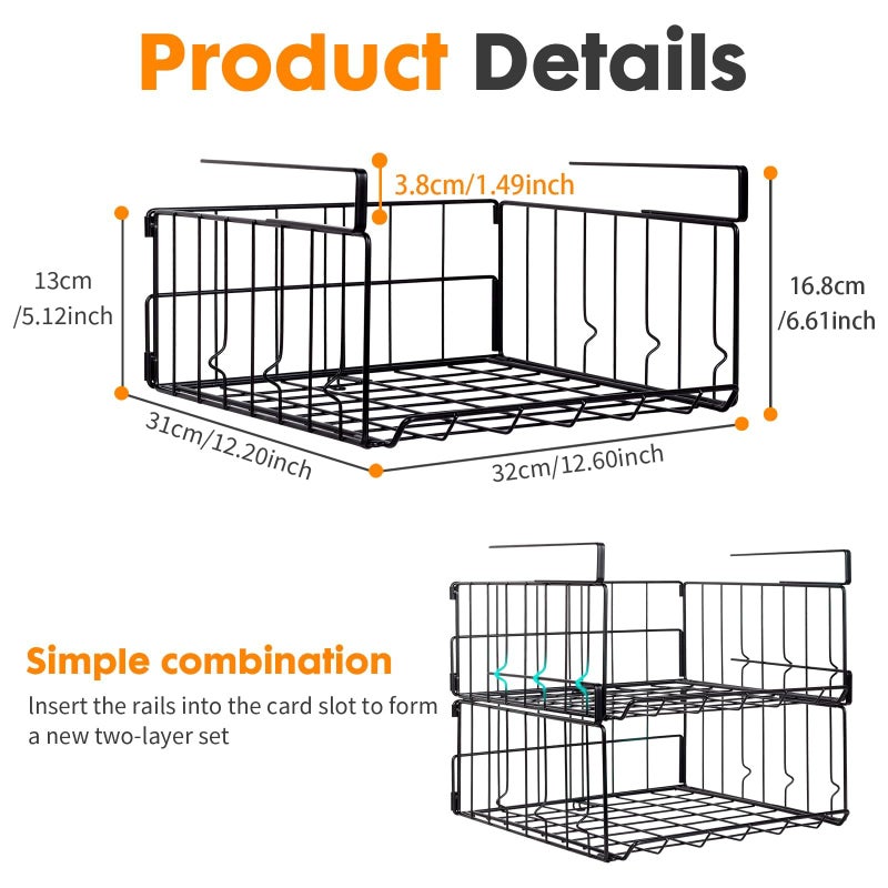 Davi Collection Hanging Under Shelf Storage Basket, 2 Pack Foldable Under Cabinet Metal Desk Storage Wire Rack Organizer for Kitchen Pantry Bookshelf Office Home, Easy to Install Slide-in Under Shelves (Black) - Image 5
