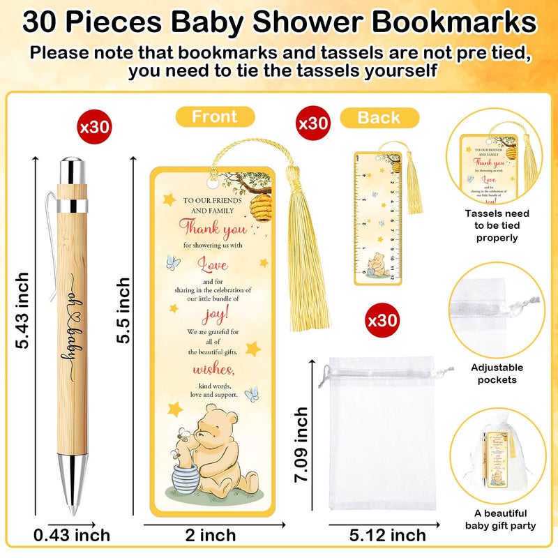 Xendelow 90 Pcs Winnie Baby Shower Favors, Winnie Gender Reveal Decoration, Includes 30 Baby Shower Ballpoint Pens 30 The Pooh Thank You Bookmarks 30 Organza Bags for The Pooh Babies Gifts Guest Prizes - Image 2