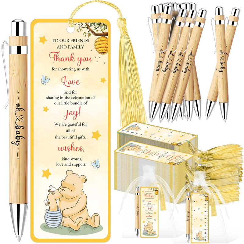 Xendelow 90 Pcs Winnie Baby Shower Favors, Winnie Gender Reveal Decoration, Includes 30 Baby Shower Ballpoint Pens 30 The Pooh Thank You Bookmarks 30 Organza Bags for The Pooh Babies Gifts Guest Prizes - Image 1