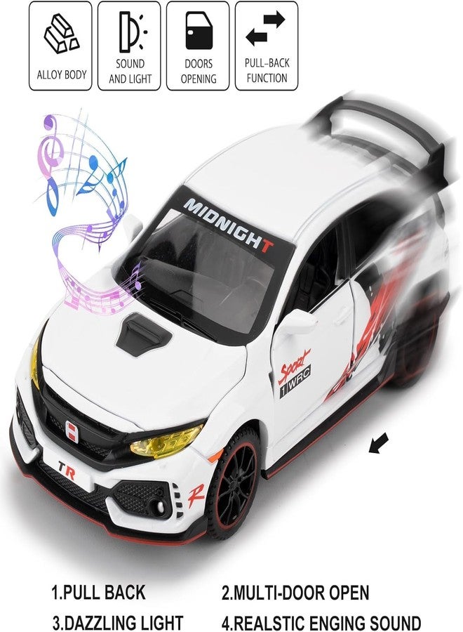 PEZYOX 1:32 Civic Type R Toy Car Metal Diecast Pull Back with Sound Light & Openable Doors Kids Gifts Collectible Car Model Durable Toy for Boys & Girls (White) - Image 3