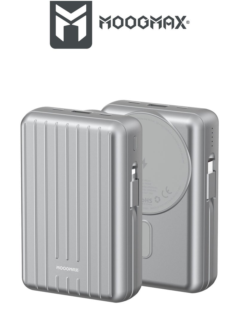MOOGMAX - 20000mAh Trunk series magnetic wireless power bank  22.5W super-charging, two built-in cables with 15W wireless charging, 3 external ports 1 Type-C and 1 Type-A, and a Lightning port. Silver - Image 1