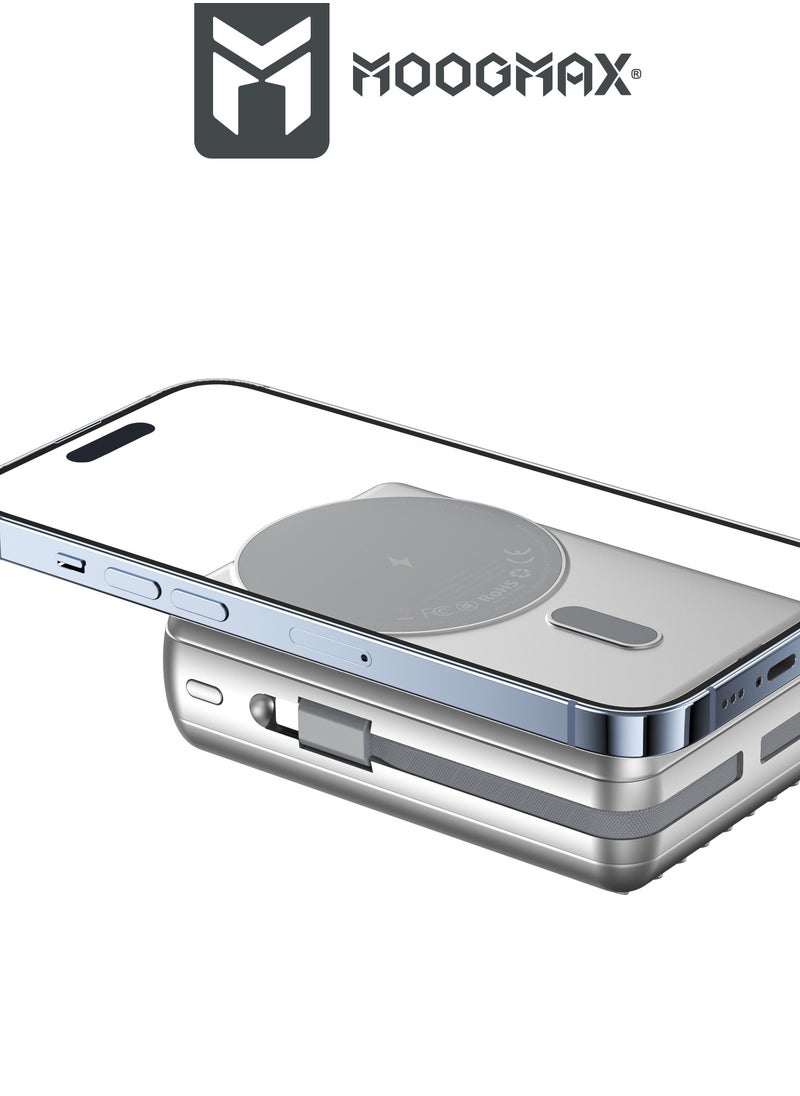 MOOGMAX - 20000mAh Trunk series magnetic wireless power bank  22.5W super-charging, two built-in cables with 15W wireless charging, 3 external ports 1 Type-C and 1 Type-A, and a Lightning port. Silver - Image 1