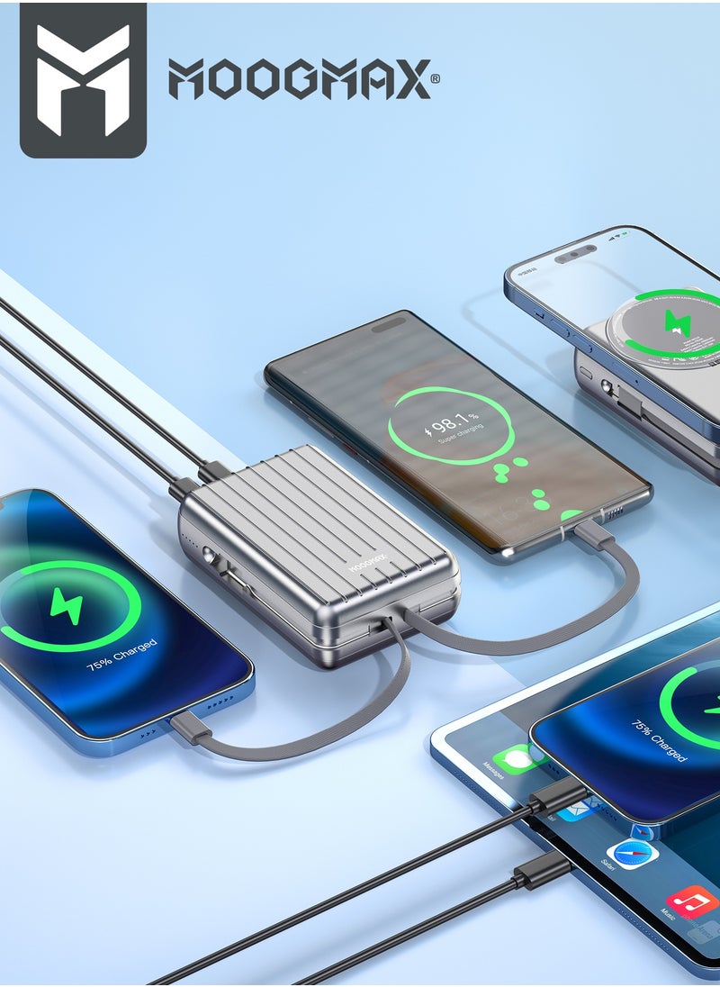MOOGMAX - 20000mAh Trunk series magnetic wireless power bank  22.5W super-charging, two built-in cables with 15W wireless charging, 3 external ports 1 Type-C and 1 Type-A, and a Lightning port. Silver - Image 1