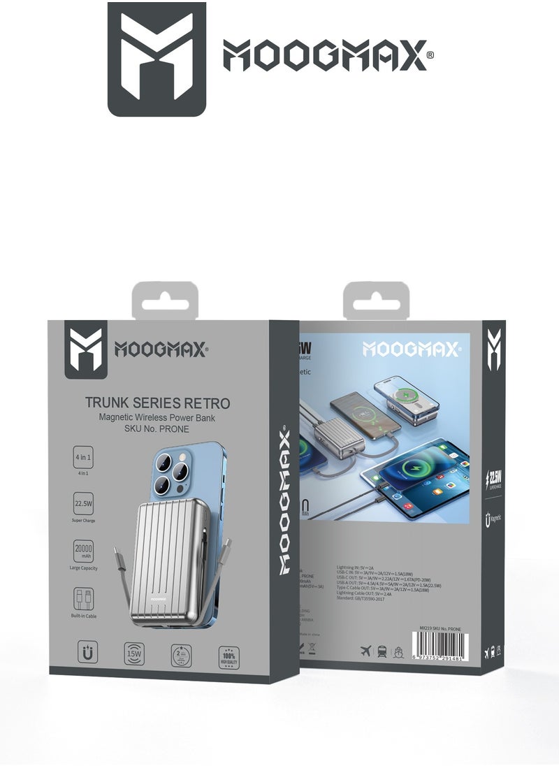 MOOGMAX - 20000mAh Trunk series magnetic wireless power bank  22.5W super-charging, two built-in cables with 15W wireless charging, 3 external ports 1 Type-C and 1 Type-A, and a Lightning port. Silver - Image 1