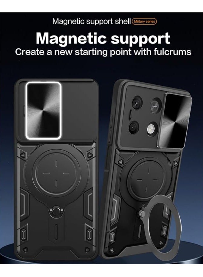 جراب Armor لهاتف Xiaomi Redmi Note 13 Pro 5G (ليس 4G)، غطاء هاتف انزلاقي بعدسات مع دعامة ملفوفة مغناطيسية لهاتف Xiaomi Redmi Note 13 Pro 5G - أسود - Image 2