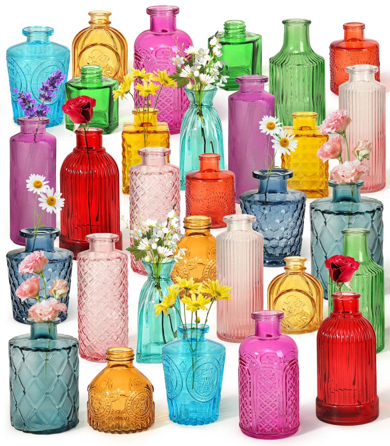 saiguomi Set of 30 Colorful Glass Bud Vases - Small Textured Flower Vases for Centerpieces, Wedding Table Decor, Retro Home Decor Bulk Vase Set for DIY, Events & Gifts - Image 1