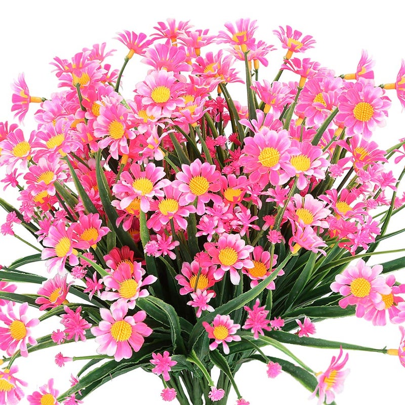 TEMCHY Artificial Daisies Flowers Outdoor UV Resistant 4 Bundles Fake Foliage Greenery Faux Plants Shrubs Plastic Bushes for Window Box Hanging Planter Farmhouse Indoor Outside DecorPink