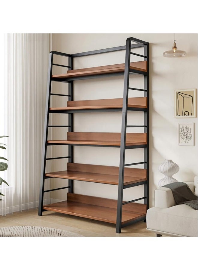 JOMILA Rustic Ladder Book Shelf, 5 Tier Industrial Ladder Shelf Bookcase, Standing Leaning BookShelf Cabinet for Living Room (Black frame)  - Image 1