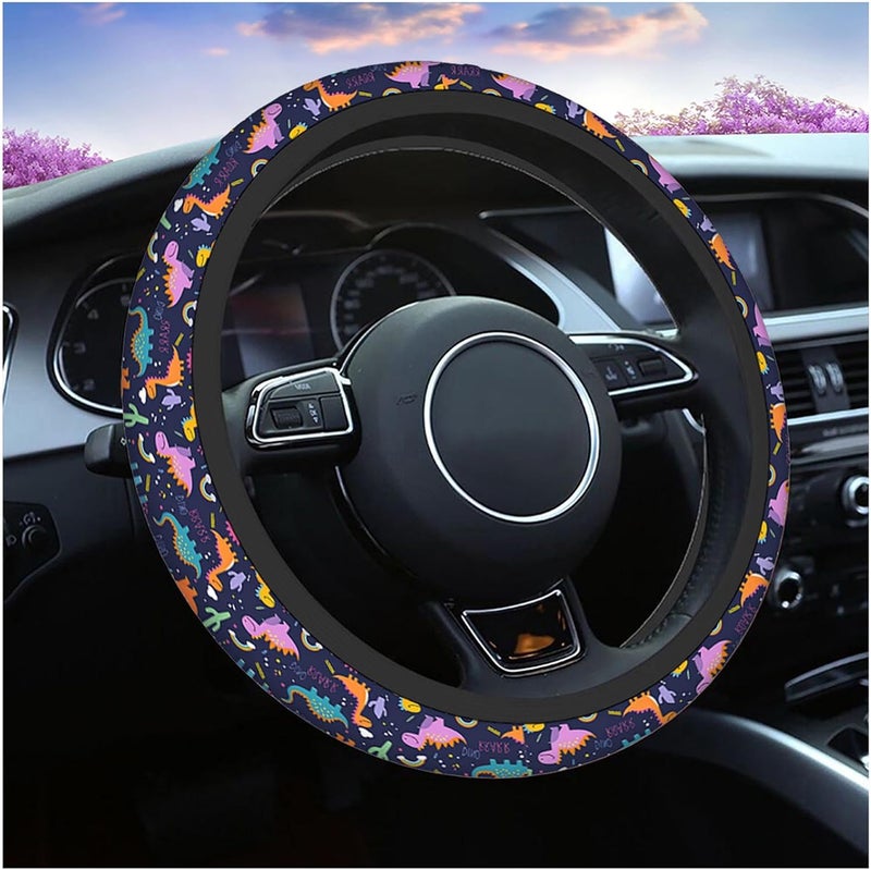 Swono Dinosaurs Cute Steering Wheel Cover Universal 15 Inch Cartoon Cute Dinosaurs with Rainbow Neoprene Car Steering Wheel Covers Stretchy Car Accessories for Women - Image 1