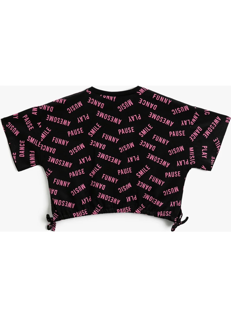 KOTON Crop Oversize T-Shirt Short Sleeve Printed Crew Neck with Bow Detail on the Sides