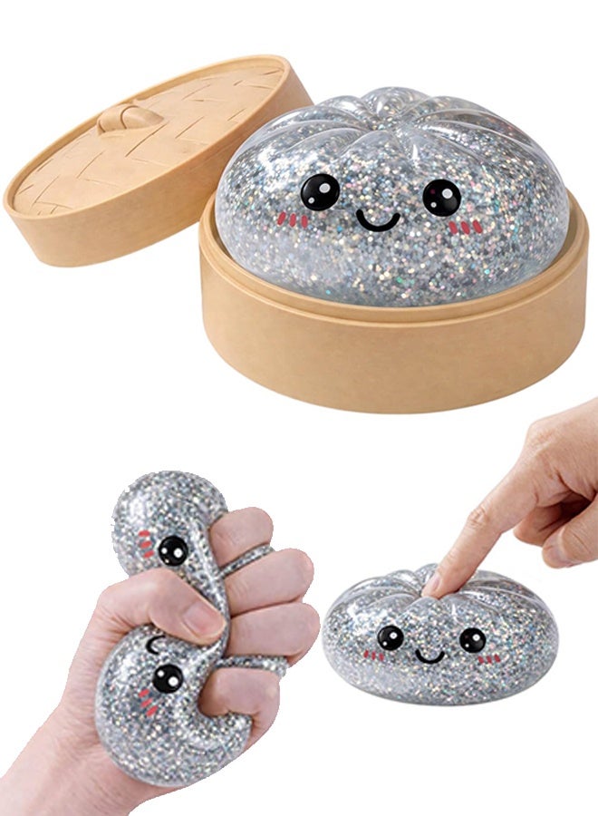 Silver Glitter Dumpling Squishy Fidget Sensory Squeeze Toy with Steamer Box - Image 1