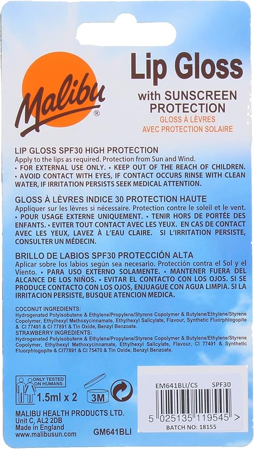 Malibu Sun SPF 30 Sunscreen Lip Gloss High Protection Water and Wind Resistant Coconut and Strawberry Pack of 2 x 15ml - Image 2