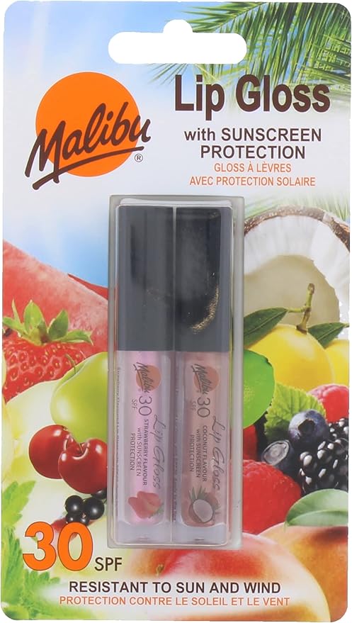 Malibu Sun SPF 30 Sunscreen Lip Gloss High Protection Water and Wind Resistant Coconut and Strawberry Pack of 2 x 15ml - Image 1