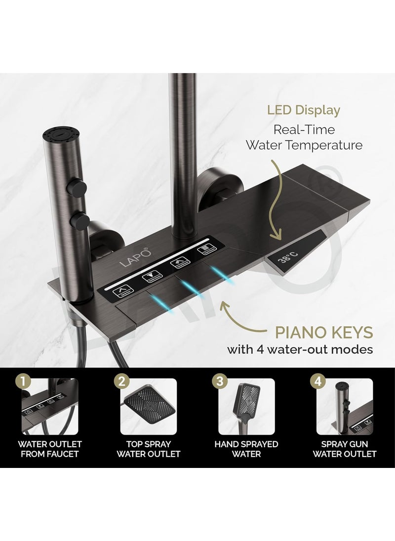 LAPO LAPO Shower Panel for Bathroom Solid Brass Shower Panel System with Piano Switches All in One Shower Set with Overhead Shower Handheld Shower Jet Spray for Bathroom Grey 1 Set  - Image 2