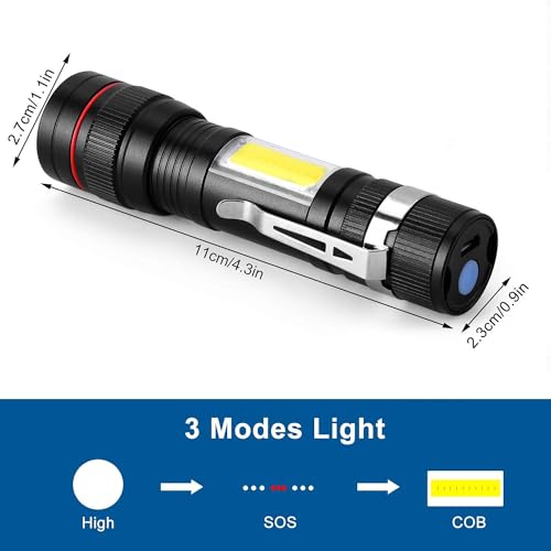 AHCS LED Flashlight with COB Light Mini Waterproof Portable LED XPE COB Flashlight USB Rechargeable 3 Modes Pen Clip Light Flashlight with Hanging Rope Small Size Black Colored - Image 3