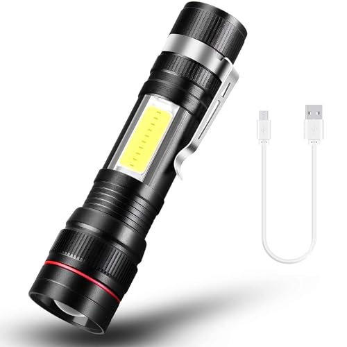 AHCS LED Flashlight with COB Light Mini Waterproof Portable LED XPE COB Flashlight USB Rechargeable 3 Modes Pen Clip Light Flashlight with Hanging Rope Small Size Black Colored - Image 2