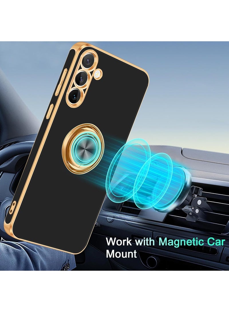 SNBFA Samsung Galaxy A16 5G Case with Ring Stand,360°Rotatable Ring Holder Magnetic Kickstand Shiny Plating Gold Edge Slim Fit Soft TPU Shockproof Protective Cover Case for Women Men Boys,Black - Image 5