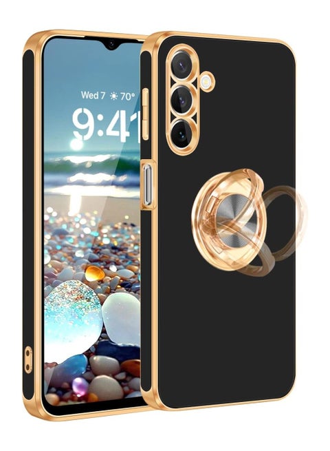 Samsung Galaxy A16 5G Case with Ring Stand,360°Rotatable Ring Holder Magnetic Kickstand Shiny Plating Gold Edge Slim Fit Soft TPU Shockproof Protective Cover Case for Women Men Boys,Black
