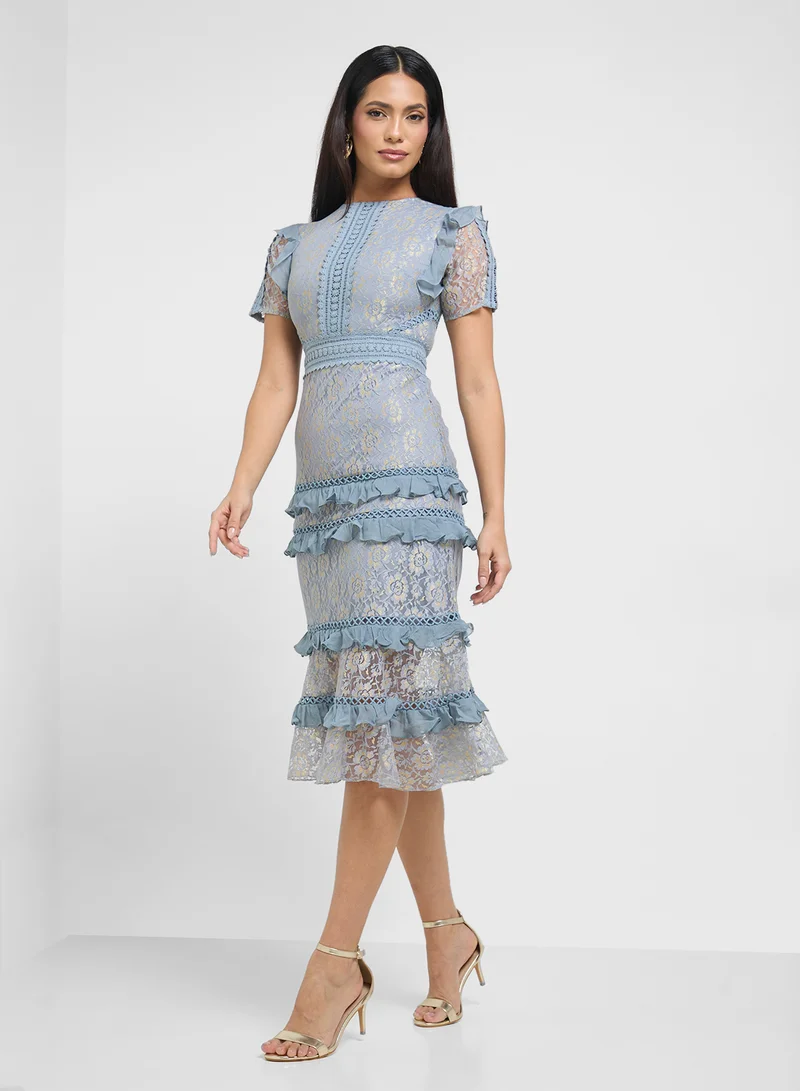 Frock and Frill Lace Mesh Detail Midi Dress