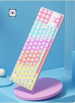 Mechanical Keyboard 87 Keys Blue Switch Pudding Keycaps RGB Backlit Wired Gaming Keyboard 25-Key Rollover Anti-Ghosting - White Blue Switch