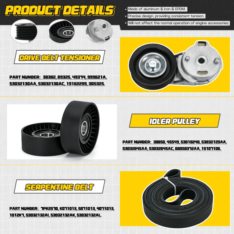 FQRANBO 38382 Drive Belt Tensioner Pulley and Serpentine Belt Assembly Kit Fit for Dodge Ram 1500/2500/3500 5.7L V8 2003-2008 Replace # 53032130AA 53032130AC 38058 7PK2570 - Image 3