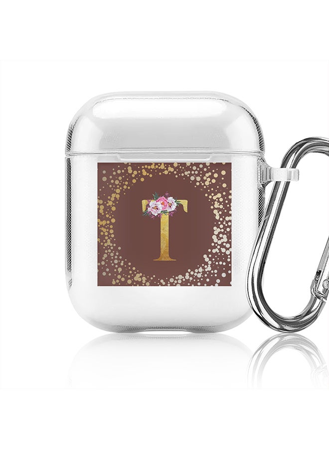 Stylizedd Classic Clear printed Case for Apple Airpods 2 / 1 Soft TPU Gel Thin Transparent Flexible Cover - Custom Monogram Initial Letter Floral Pattern Alphabet - T (Brown ) - Image 1