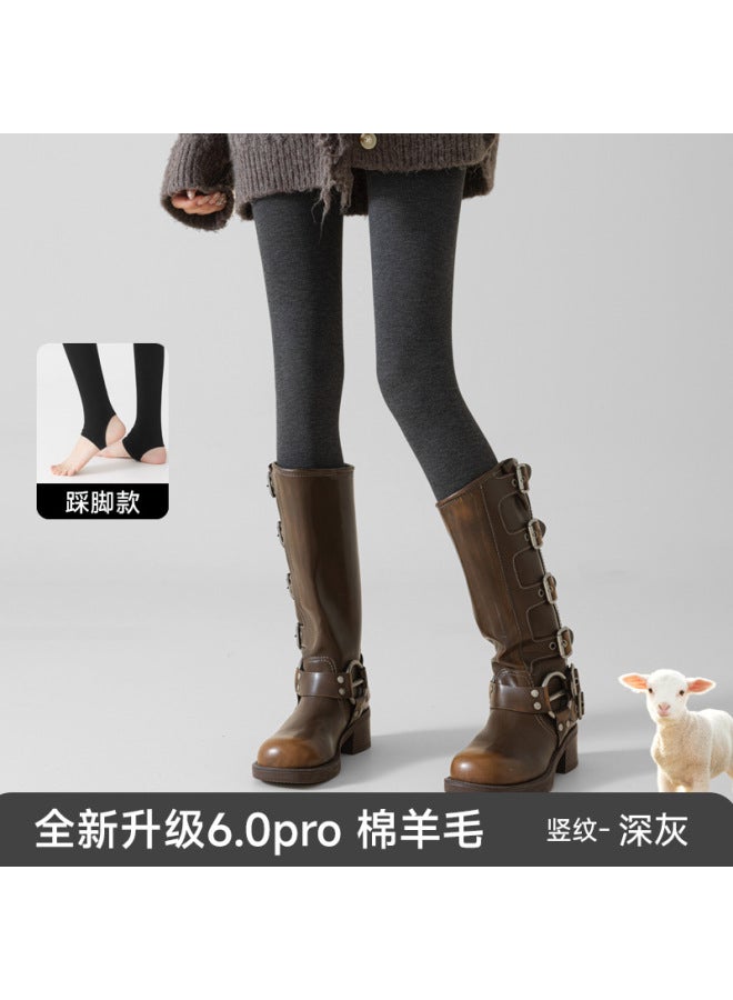Tall People's Footed Wool Vertical Stripe Autumn And Winter Fleece-lined Thick Cotton Leggings For Outerwear, Stretchy And Warm Pantyhose