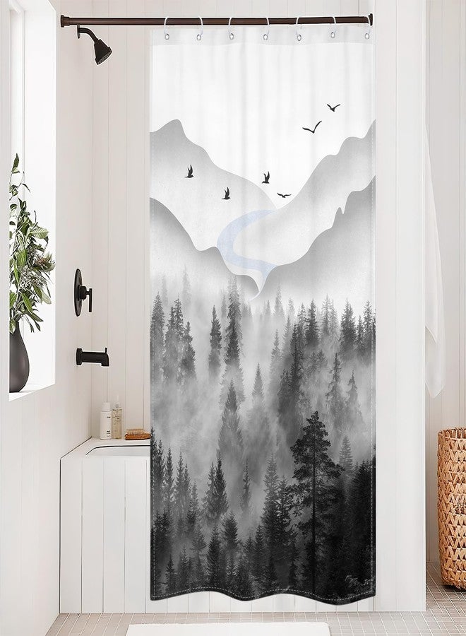 Riyidecor Small Stall Shower Curtain for Bathroom Decor RV 36Wx72H Misty Rainforest Dark Black Mens Nature Narrow Foggy Woodland Mountain Art Printed Fabric Polyester Waterproof 7 Pack Plastic Hooks - Image 2