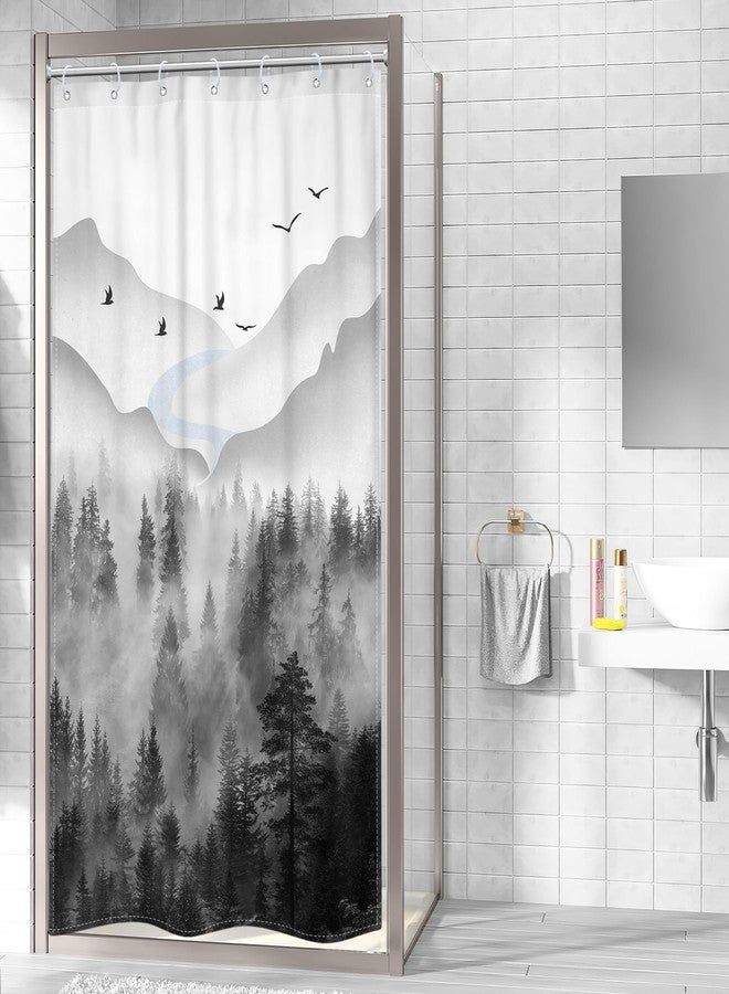 Riyidecor Small Stall Shower Curtain for Bathroom Decor RV 36Wx72H Misty Rainforest Dark Black Mens Nature Narrow Foggy Woodland Mountain Art Printed Fabric Polyester Waterproof 7 Pack Plastic Hooks - Image 3