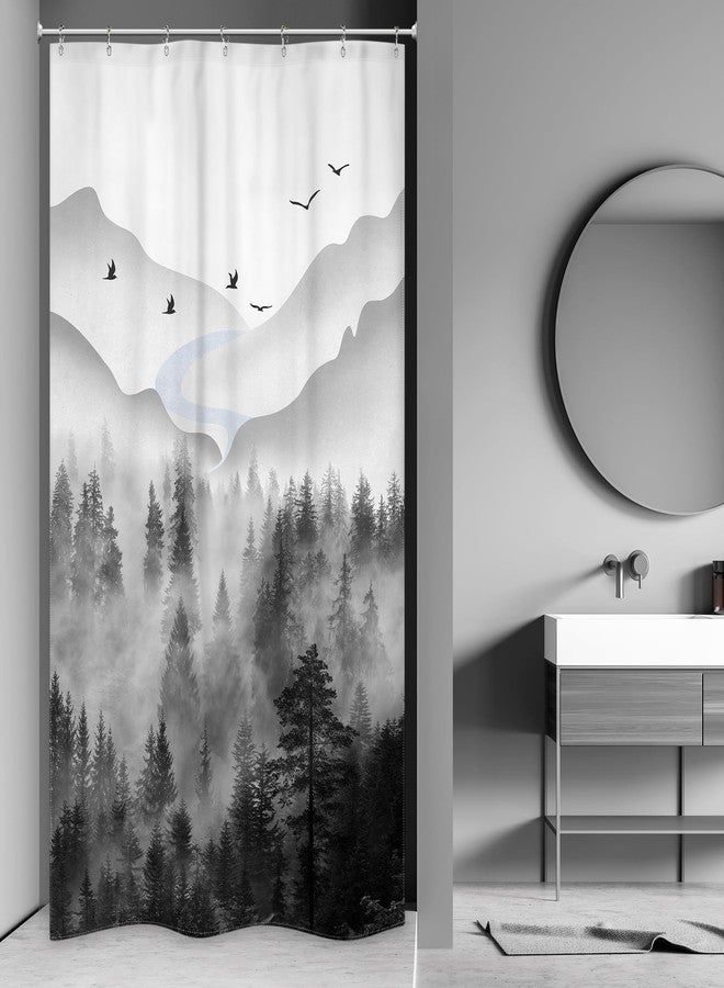 Riyidecor Small Stall Shower Curtain for Bathroom Decor RV 36Wx72H Misty Rainforest Dark Black Mens Nature Narrow Foggy Woodland Mountain Art Printed Fabric Polyester Waterproof 7 Pack Plastic Hooks - Image 1