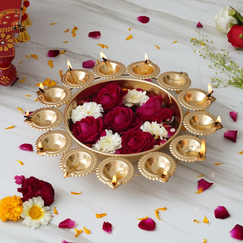 Sanvatsar Present Golden Decorative Metal Diya Plate for PujaDiwali Welcome Aarti and Multipurpose Uses in Size of Size 14x14inch - Image 1
