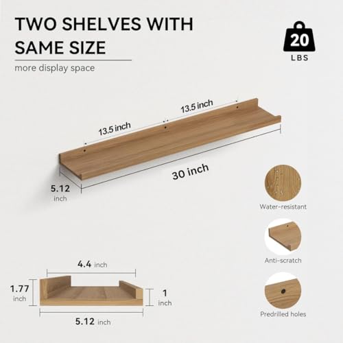 carpentray 30 Inches Long Floating Shelves Wall Mounted, 2 Set Modern Light Brown Wall Shelf for Bedroom, Nursery Book Shelf, Picture Ledge Shelf for Wall Decor (Light Brown, 30 Inch Long) - Image 4