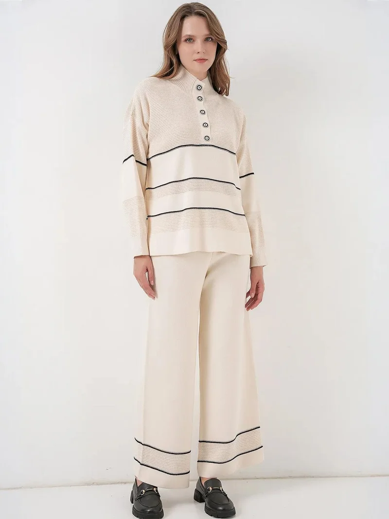 بيغ دارت BDART Button Detailed Striped Sweater & Pants Knit Co-Ord Set